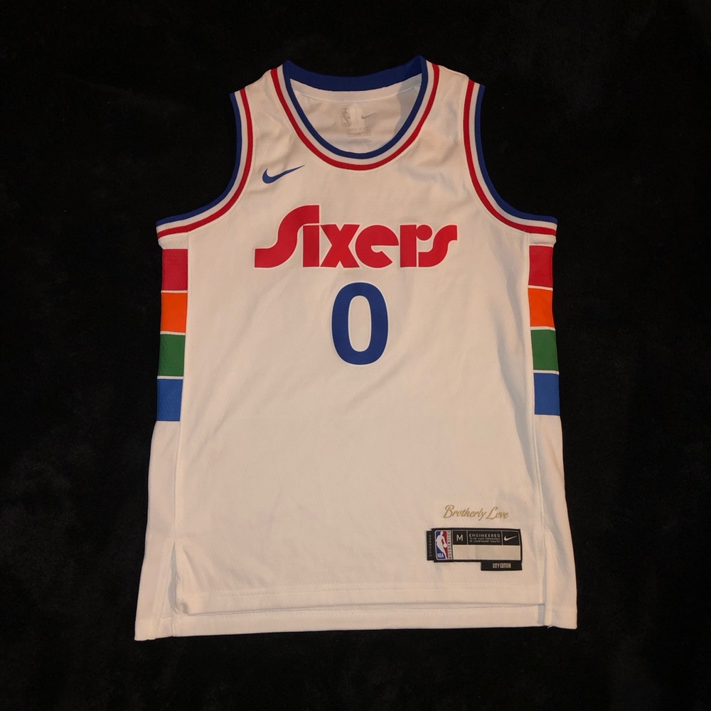 NBA Philadelphia Sixers White Jersey with Red, Blue and Rainbow Side Stripes